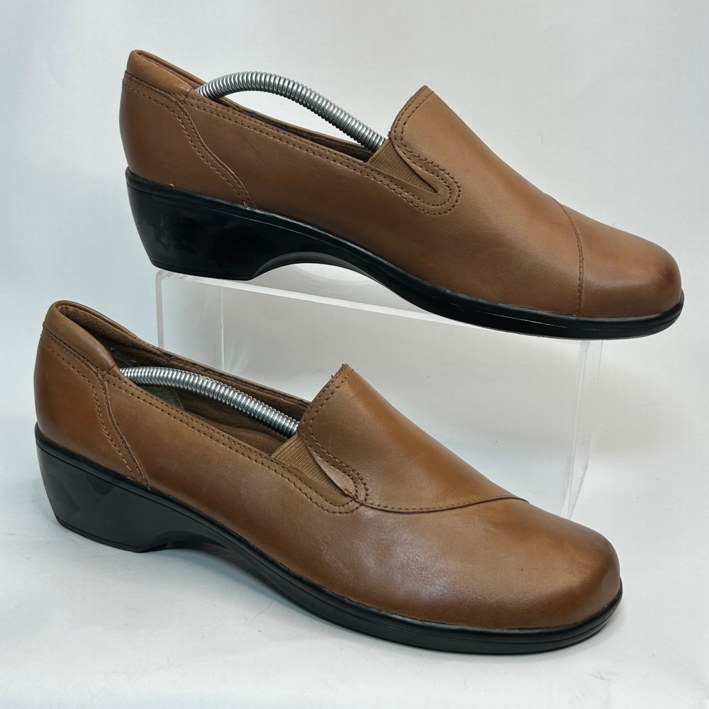Clarks Bendables Womens 11M Tan‎ Leather Slip On Loafers 39375 Brown Wedge